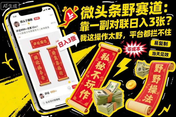 微头条野赛道,靠一副对联日入3张?我这操作太野,平台都拦不住!_红利云网创