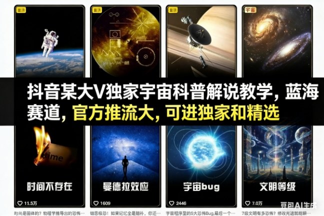 抖音某大V独家宇宙科普解说教学，蓝海赛道，官方推流大，可进独家和精选_红利云网创